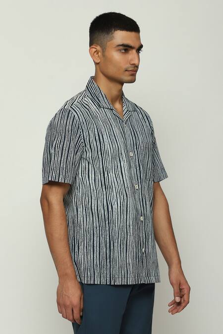 Shop_Abraham And Thakore_Black Cotton Embroidery Half Sleeve Crewel Print Shirt_Online_at_Aza_Fashions