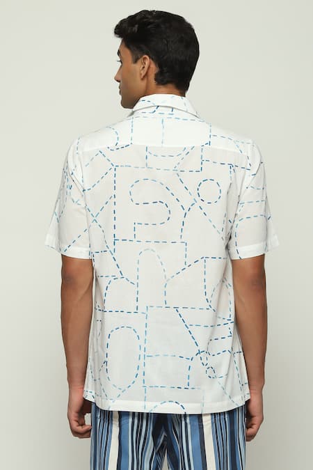 Shop Abraham And Thakore White Cotton, Poplin Kantha Calligraphy Print Shirt at Aza Fashions Shop_Abraham And Thakore_White Cotton, Poplin Kantha Calligraphy Print Shirt _at_Aza_Fashions