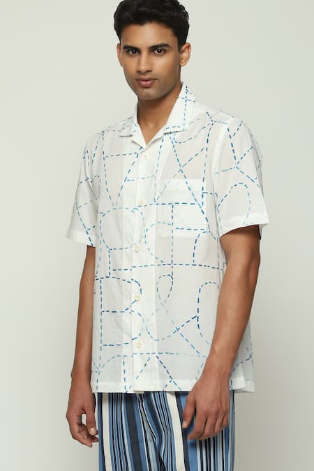 Buy Abraham And Thakore White Cotton, Poplin Kantha Calligraphy Print Shirt Online at Aza Fashions Buy_Abraham And Thakore_White Cotton, Poplin Kantha Calligraphy Print Shirt _Online_at_Aza_Fashions