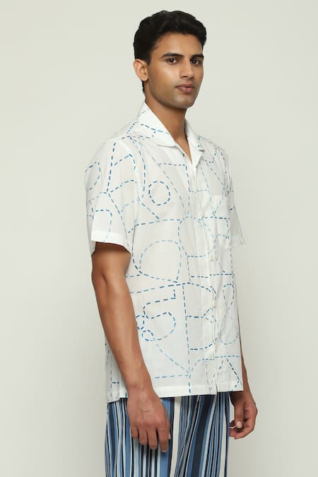 Shop Abraham And Thakore White Cotton, Poplin Kantha Calligraphy Print Shirt Online at Aza Fashions Shop_Abraham And Thakore_White Cotton, Poplin Kantha Calligraphy Print Shirt _Online_at_Aza_Fashions