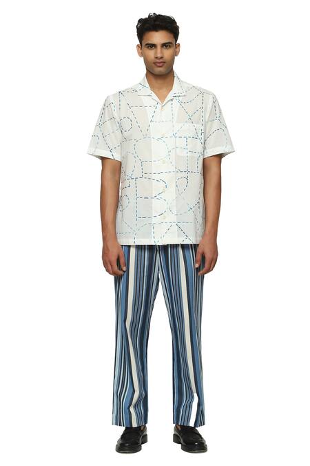 Abraham And Thakore White Cotton, Poplin Kantha Calligraphy Print Shirt at Aza Fashions Abraham And Thakore_White Cotton, Poplin Kantha Calligraphy Print Shirt _at_Aza_Fashions