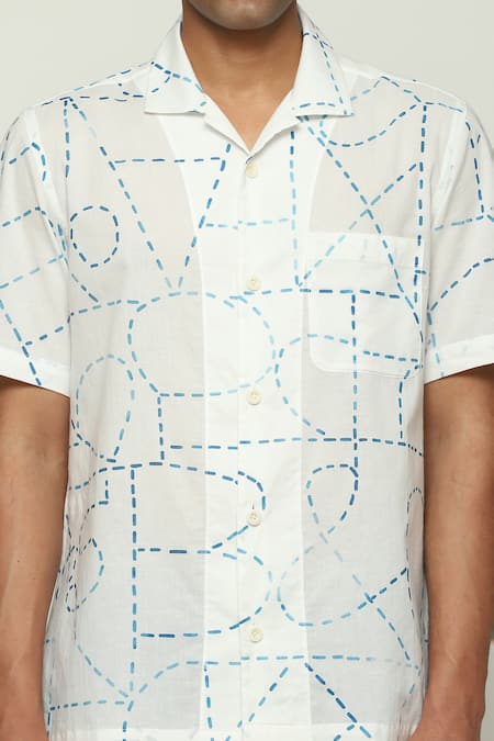 Buy Abraham And Thakore White Cotton, Poplin Kantha Calligraphy Print Shirt Buy_Abraham And Thakore_White Cotton, Poplin Kantha Calligraphy Print Shirt