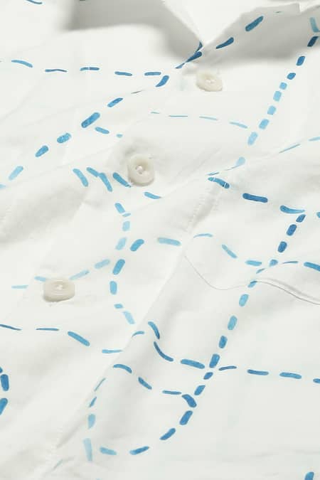 Shop Abraham And Thakore White Cotton, Poplin Kantha Calligraphy Print Shirt Shop_Abraham And Thakore_White Cotton, Poplin Kantha Calligraphy Print Shirt
