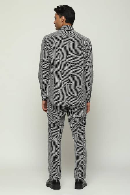 Shop Abraham And Thakore Black Cotton Broken Pinstripe Print Shirt at Aza Fashions Shop_Abraham And Thakore_Black Cotton Broken Pinstripe Print Shirt_at_Aza_Fashions