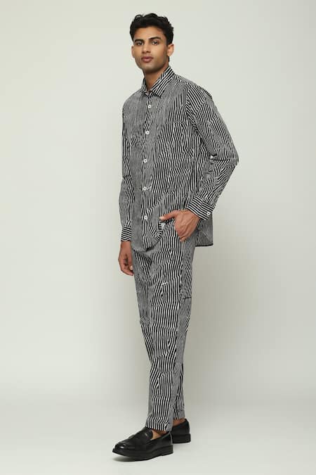 Abraham And Thakore Black Cotton Broken Pinstripe Print Shirt Online at Aza Fashions Abraham And Thakore_Black Cotton Broken Pinstripe Print Shirt_Online_at_Aza_Fashions