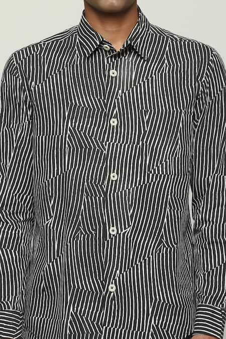 Shop Abraham And Thakore Black Cotton Broken Pinstripe Print Shirt Online at Aza Fashions Shop_Abraham And Thakore_Black Cotton Broken Pinstripe Print Shirt_Online_at_Aza_Fashions