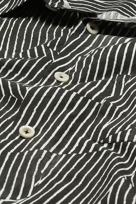 Abraham And Thakore Black Cotton Broken Pinstripe Print Shirt at Aza Fashions Abraham And Thakore_Black Cotton Broken Pinstripe Print Shirt_at_Aza_Fashions