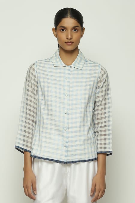 Abraham And Thakore_Blue Silk, Cotton Collared Checkered Pattern Shirt_Online_at_Aza_Fashions