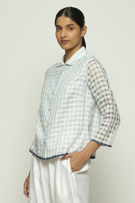 Buy_Abraham And Thakore_Blue Silk, Cotton Collared Checkered Pattern Shirt_Online_at_Aza_Fashions