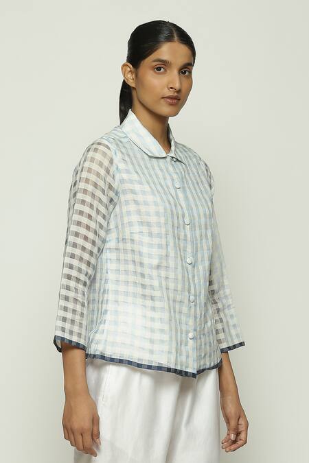 Shop_Abraham And Thakore_Blue Silk, Cotton Collared Checkered Pattern Shirt_Online_at_Aza_Fashions