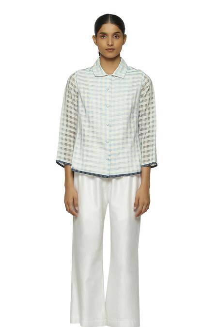 Abraham And Thakore_Blue Silk, Cotton Collared Checkered Pattern Shirt_at_Aza_Fashions