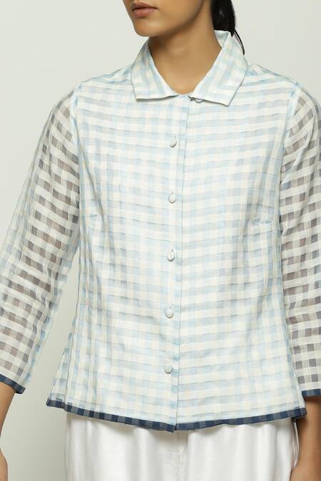 Buy_Abraham And Thakore_Blue Silk, Cotton Collared Checkered Pattern Shirt