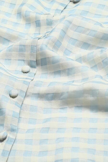 Shop_Abraham And Thakore_Blue Silk, Cotton Collared Checkered Pattern Shirt