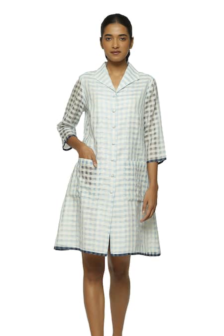 Abraham And Thakore_Blue Silk, Cotton, Maheshwari Collared Checkered Pattern Shirt Dress_Online_at_Aza_Fashions
