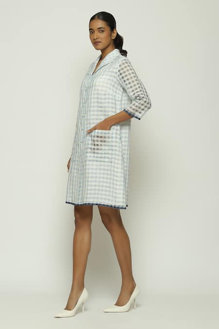 Buy_Abraham And Thakore_Blue Silk, Cotton, Maheshwari Collared Checkered Pattern Shirt Dress_Online_at_Aza_Fashions