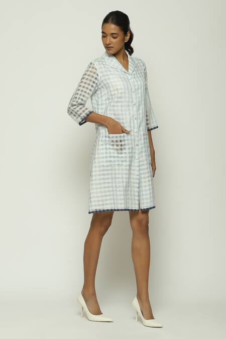 Shop_Abraham And Thakore_Blue Silk, Cotton, Maheshwari Collared Checkered Pattern Shirt Dress_Online_at_Aza_Fashions
