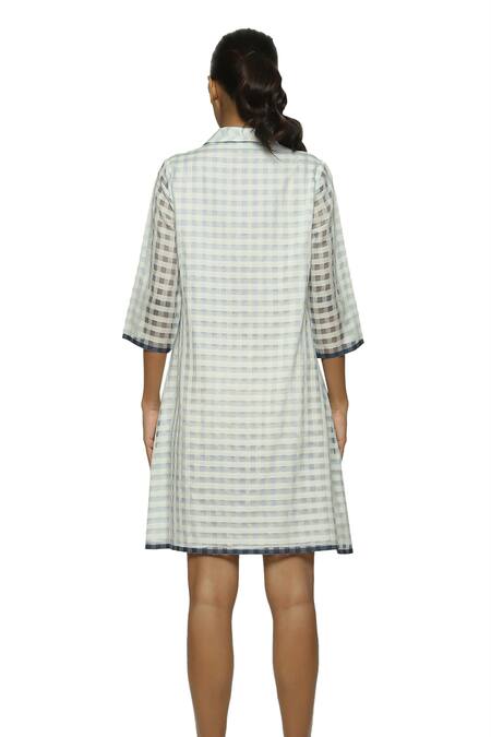 Abraham And Thakore_Blue Silk, Cotton, Maheshwari Collared Checkered Pattern Shirt Dress_at_Aza_Fashions