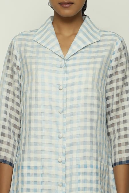 Buy_Abraham And Thakore_Blue Silk, Cotton, Maheshwari Collared Checkered Pattern Shirt Dress