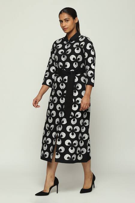 Abraham And Thakore_Black Cotton Collared Ottoman Moon Pattern Midi Dress_Online_at_Aza_Fashions
