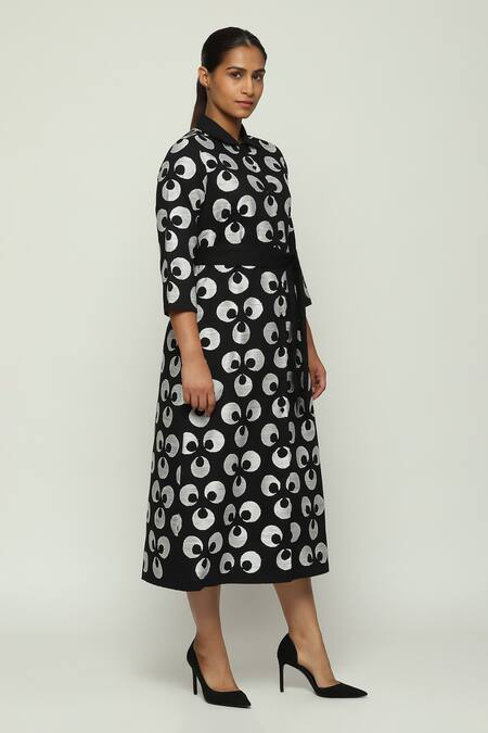Buy_Abraham And Thakore_Black Cotton Collared Ottoman Moon Pattern Midi Dress_Online_at_Aza_Fashions