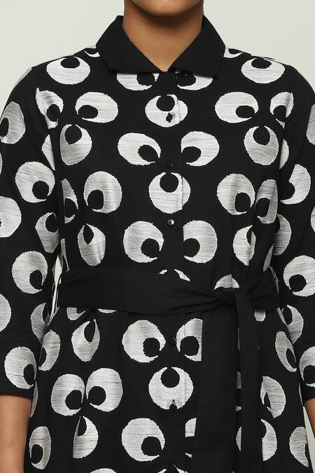 Shop_Abraham And Thakore_Black Cotton Collared Ottoman Moon Pattern Midi Dress_Online_at_Aza_Fashions
