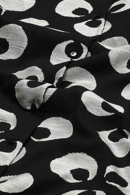 Abraham And Thakore_Black Cotton Collared Ottoman Moon Pattern Midi Dress_at_Aza_Fashions