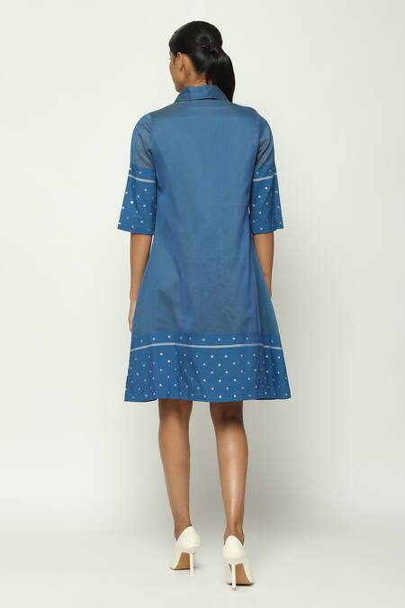 Shop Abraham And Thakore Blue Silk, Cotton Sequins Collared Embellished Dress at Aza Fashions Shop_Abraham And Thakore_Blue Silk, Cotton Sequins Collared Embellished Dress_at_Aza_Fashions