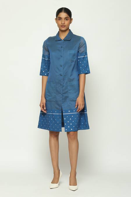 Abraham And Thakore Blue Silk, Cotton Sequins Collared Embellished Dress Online at Aza Fashions Abraham And Thakore_Blue Silk, Cotton Sequins Collared Embellished Dress_Online_at_Aza_Fashions