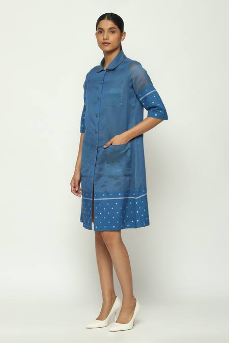 Buy Abraham And Thakore Blue Silk, Cotton Sequins Collared Embellished Dress Online at Aza Fashions Buy_Abraham And Thakore_Blue Silk, Cotton Sequins Collared Embellished Dress_Online_at_Aza_Fashions