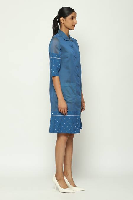 Shop Abraham And Thakore Blue Silk, Cotton Sequins Collared Embellished Dress Online at Aza Fashions Shop_Abraham And Thakore_Blue Silk, Cotton Sequins Collared Embellished Dress_Online_at_Aza_Fashions