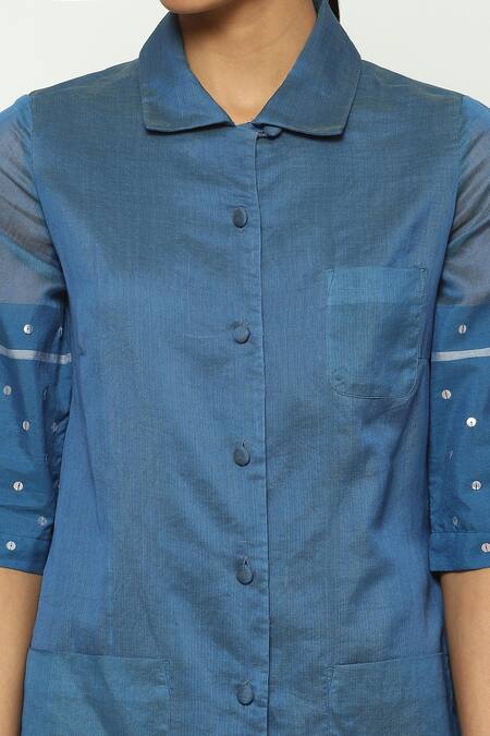 Abraham And Thakore Blue Silk, Cotton Sequins Collared Embellished Dress at Aza Fashions Abraham And Thakore_Blue Silk, Cotton Sequins Collared Embellished Dress_at_Aza_Fashions