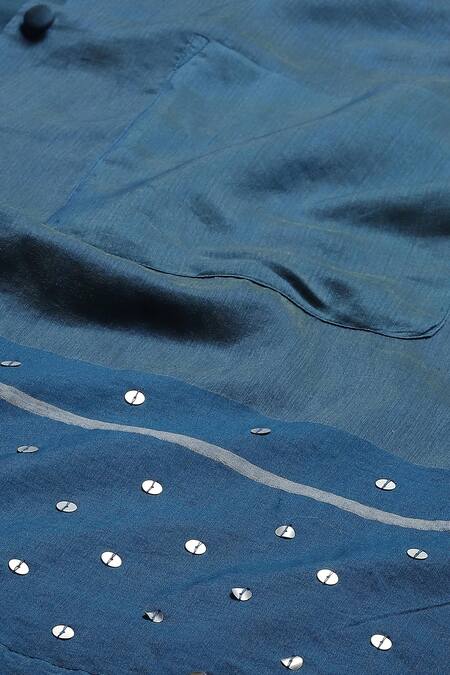 Buy Abraham And Thakore Blue Silk, Cotton Sequins Collared Embellished Dress Buy_Abraham And Thakore_Blue Silk, Cotton Sequins Collared Embellished Dress