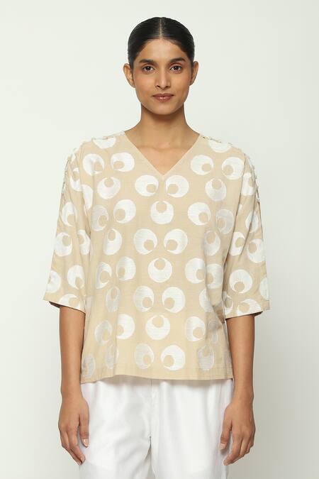 Abraham And Thakore_Beige Cotton V-neck Ottoman Moon Pattern Top_Online_at_Aza_Fashions