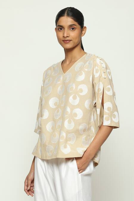 Buy_Abraham And Thakore_Beige Cotton V-neck Ottoman Moon Pattern Top_Online_at_Aza_Fashions