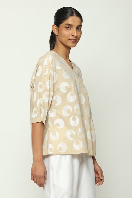 Shop_Abraham And Thakore_Beige Cotton V-neck Ottoman Moon Pattern Top_Online_at_Aza_Fashions