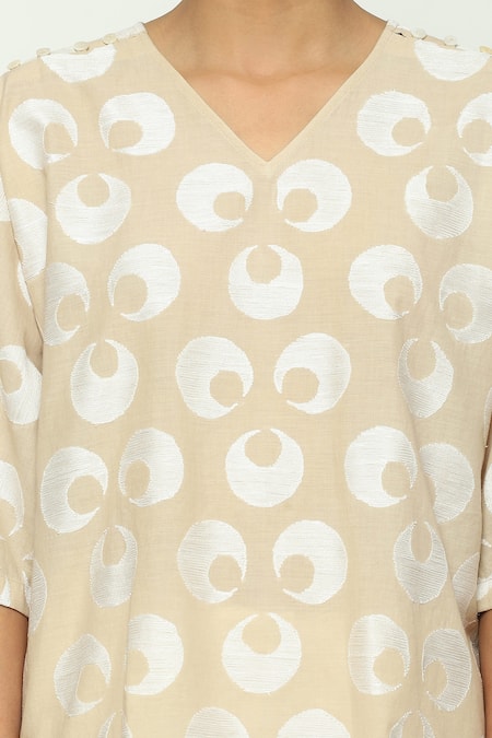 Abraham And Thakore_Beige Cotton V-neck Ottoman Moon Pattern Top_at_Aza_Fashions