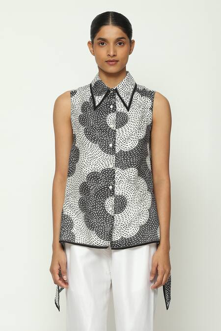 Abraham And Thakore_Black Chanderi Embroidery Collared High Low Floral Pattern Top_Online_at_Aza_Fashions