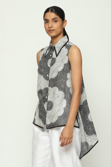 Buy_Abraham And Thakore_Black Chanderi Embroidery Collared High Low Floral Pattern Top_Online_at_Aza_Fashions
