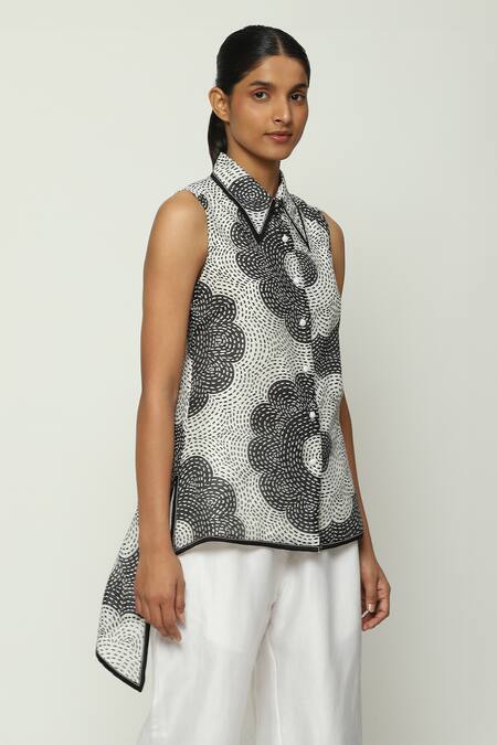 Shop_Abraham And Thakore_Black Chanderi Embroidery Collared High Low Floral Pattern Top_Online_at_Aza_Fashions