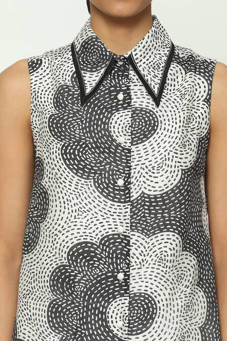 Abraham And Thakore_Black Chanderi Embroidery Collared High Low Floral Pattern Top_at_Aza_Fashions