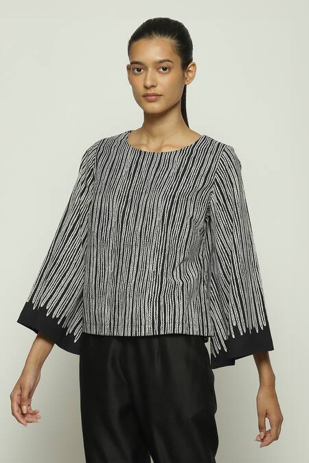 Abraham And Thakore_Black Cotton Round Neck Crewel Print Top_Online_at_Aza_Fashions