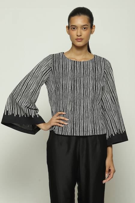 Buy_Abraham And Thakore_Black Cotton Round Neck Crewel Print Top_Online_at_Aza_Fashions