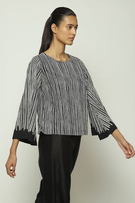 Shop_Abraham And Thakore_Black Cotton Round Neck Crewel Print Top_Online_at_Aza_Fashions