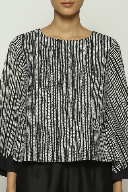 Abraham And Thakore_Black Cotton Round Neck Crewel Print Top_at_Aza_Fashions