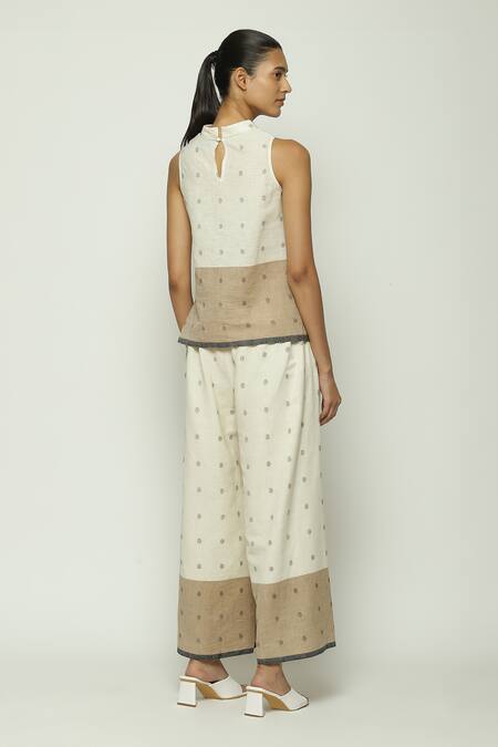 Shop Abraham And Thakore Off White Cotton High Neck Border Jamdani Dotted Top at Aza Fashions Shop_Abraham And Thakore_Off White Cotton High Neck Border Jamdani Dotted Top_at_Aza_Fashions