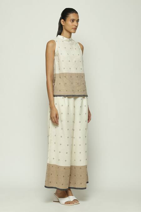 Shop Abraham And Thakore Off White Cotton High Neck Border Jamdani Dotted Top Online at Aza Fashions Shop_Abraham And Thakore_Off White Cotton High Neck Border Jamdani Dotted Top_Online_at_Aza_Fashions