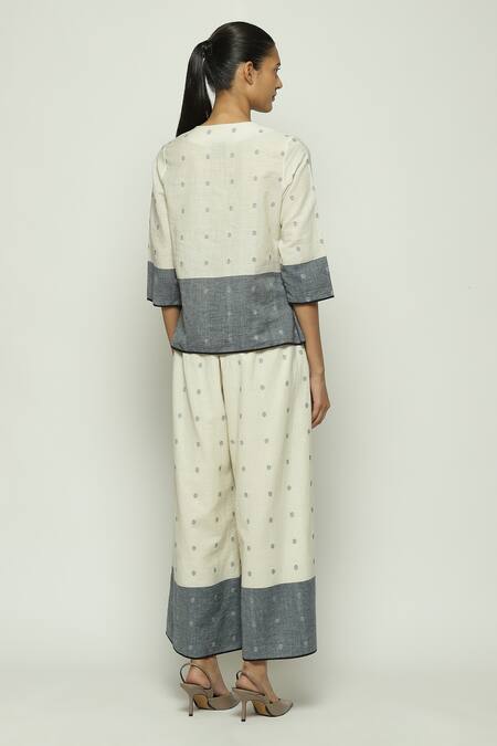 Shop Abraham And Thakore Off White Cotton V-neck Border Dot Print Top at Aza Fashions Shop_Abraham And Thakore_Off White Cotton V-neck Border Dot Print Top_at_Aza_Fashions