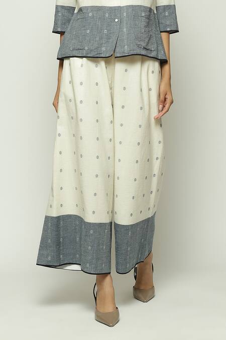 Abraham And Thakore Off White Cotton V-neck Border Dot Print Top Online at Aza Fashions Abraham And Thakore_Off White Cotton V-neck Border Dot Print Top_Online_at_Aza_Fashions