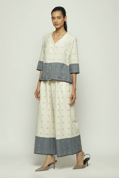 Buy Abraham And Thakore Off White Cotton V-neck Border Dot Print Top Online at Aza Fashions Buy_Abraham And Thakore_Off White Cotton V-neck Border Dot Print Top_Online_at_Aza_Fashions