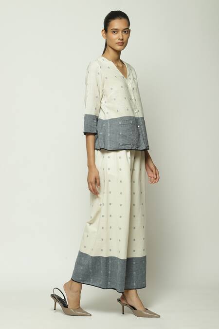 Shop Abraham And Thakore Off White Cotton V-neck Border Dot Print Top Online at Aza Fashions Shop_Abraham And Thakore_Off White Cotton V-neck Border Dot Print Top_Online_at_Aza_Fashions